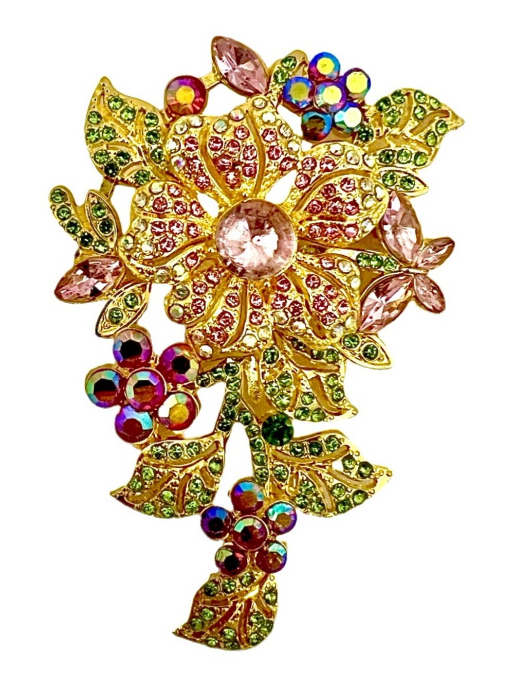 🧷Vintage Large Crystal and Rhinestone Floral Brooch - Multicoloured/Iridescent